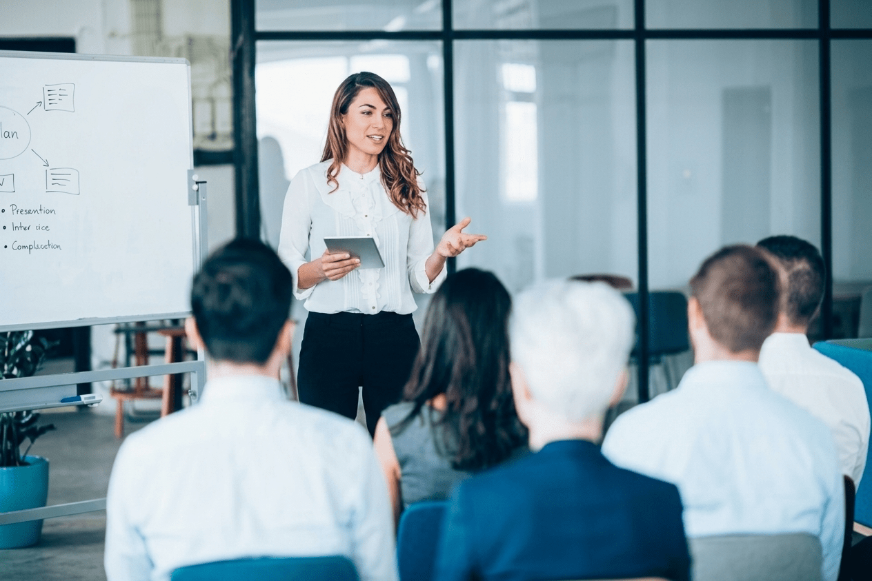 A CFO candidate presenting to a team.