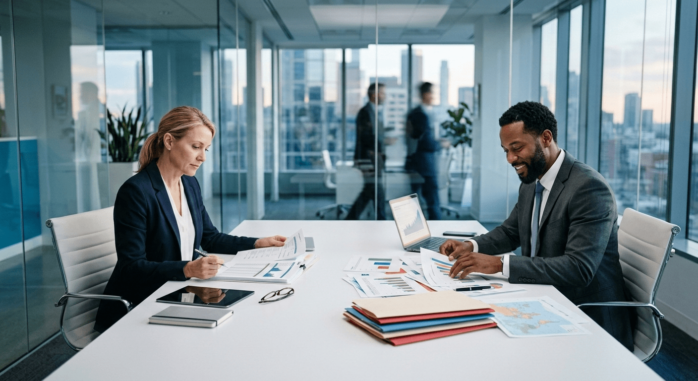 Two executives reviewing financial documents at a conference table, representing the CFO evaluation process in a PE-backed company.