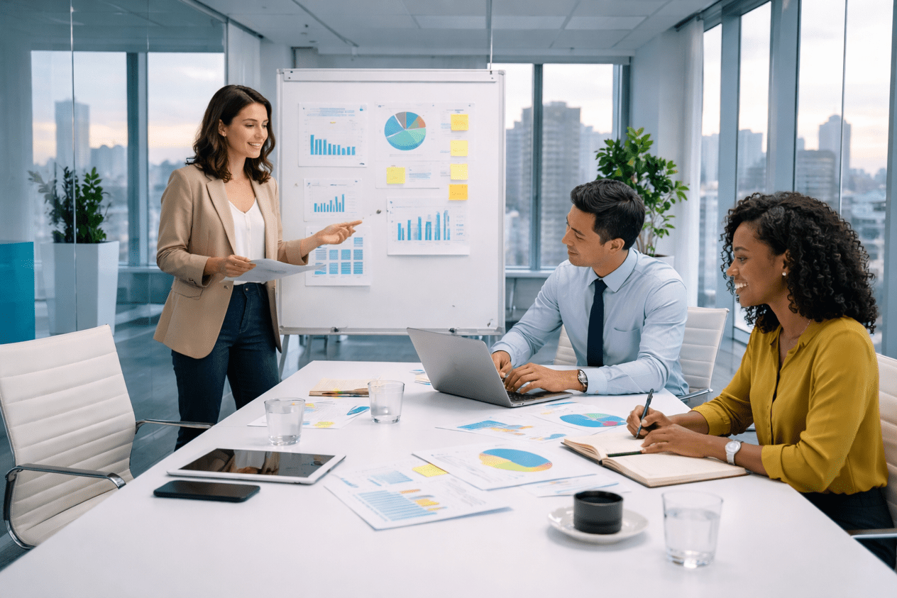 Senior executives collaborating in a modern conference room, reviewing financial data and discussing strategic planning in a professional business setting.