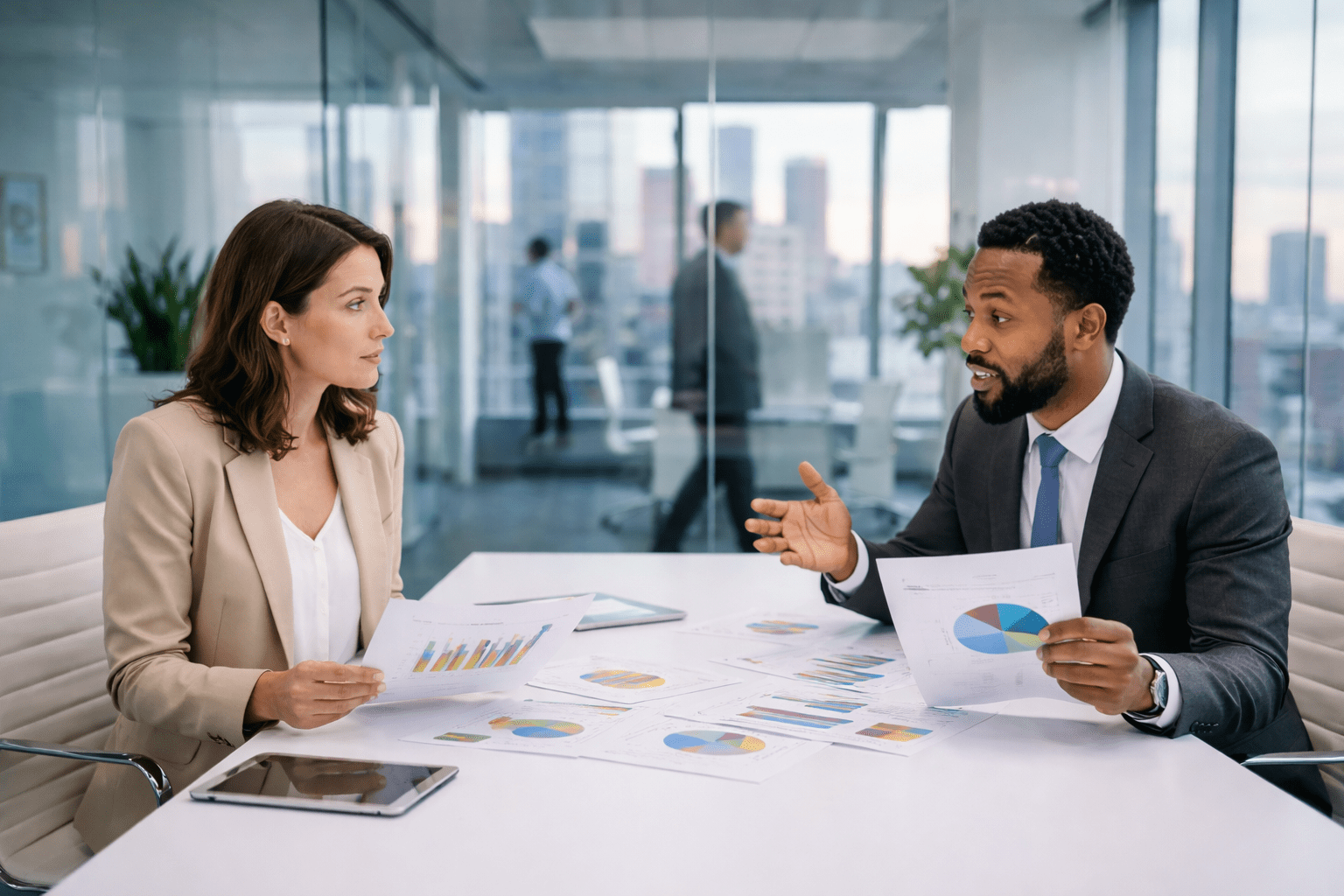 Two business professionals review financial reports and discuss strategy in a modern office setting, illustrating the collaborative and analytical nature of a fractional CFO role when evaluating business performance, trade-offs, and decision-making.