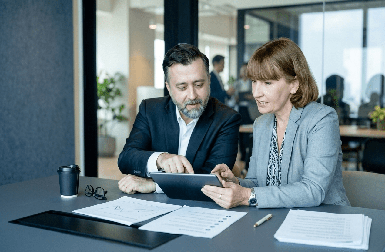 A CEO and advisor reviewing interim CFO candidate profiles together during a CFO hiring decision.
