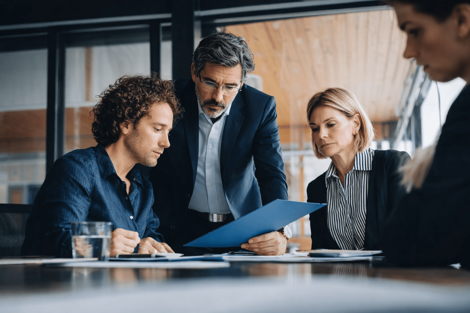 Three business executives reviewing documents at a conference table during a leadership meeting.