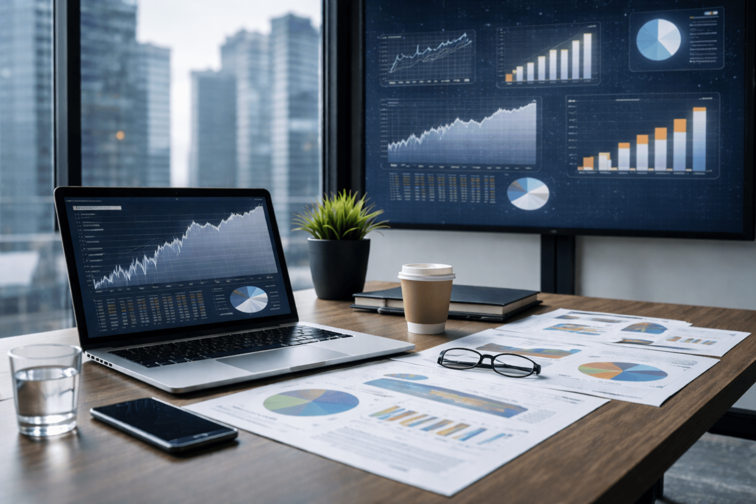 A realistic financial office workspace with a laptop and monitor displaying analytics dashboards, printed reports, and everyday desk items. Natural lighting and subtle clutter create an authentic, candid business environment ideal for corporate, finance, and consulting website use.