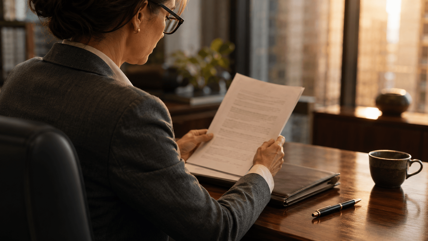 A woman in a charcoal blazer reviews a printed document at her desk in warm afternoon light, representing the preparation behind the path to CFO from VP of Finance.