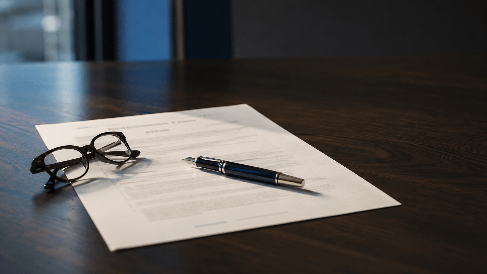 CFO compensation in private equity: a printed term sheet and fountain pen on a walnut conference table.
