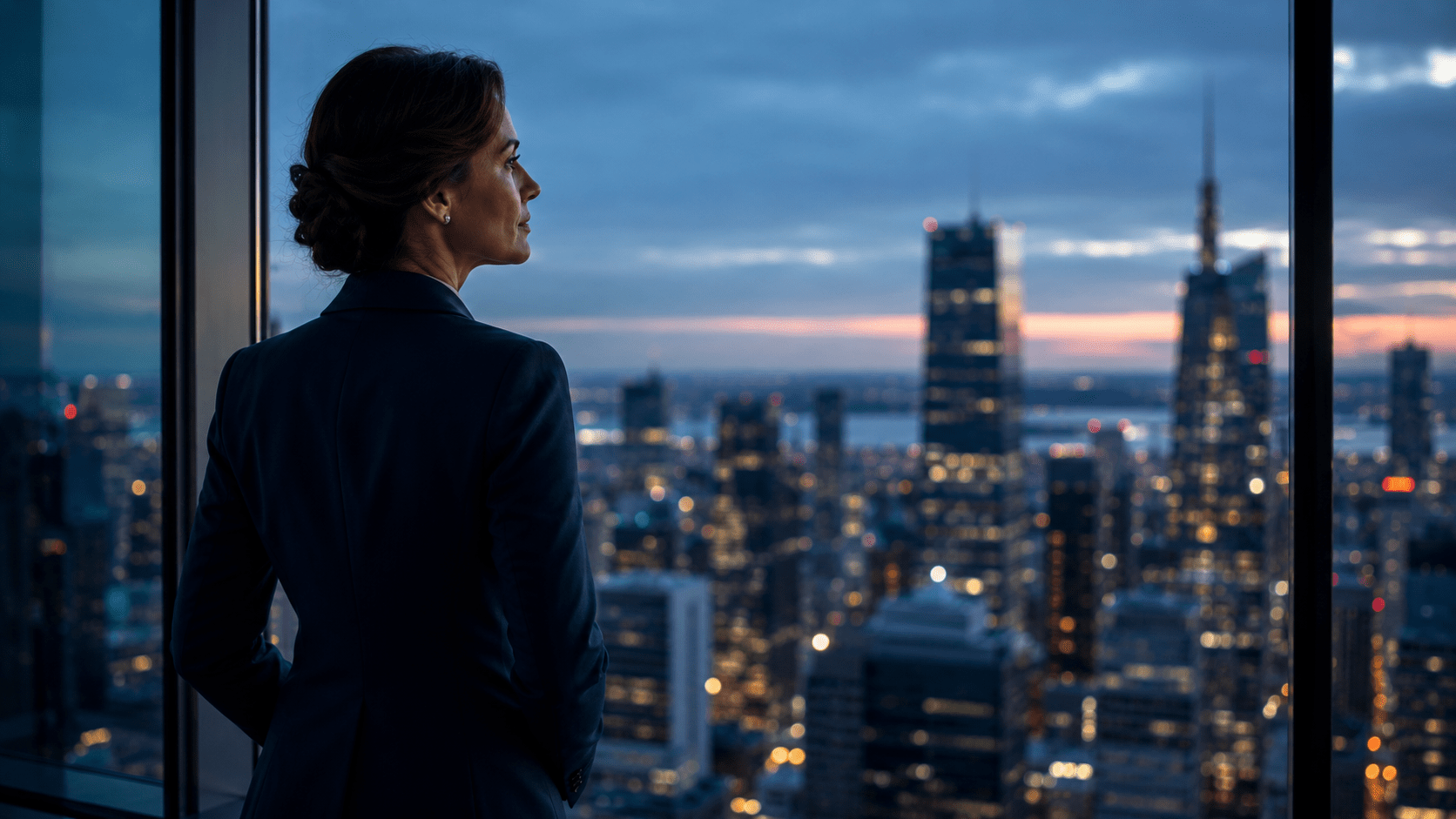 Woman finance executive looking out an office window at a city skyline, reflecting on the controller to CFO transition.