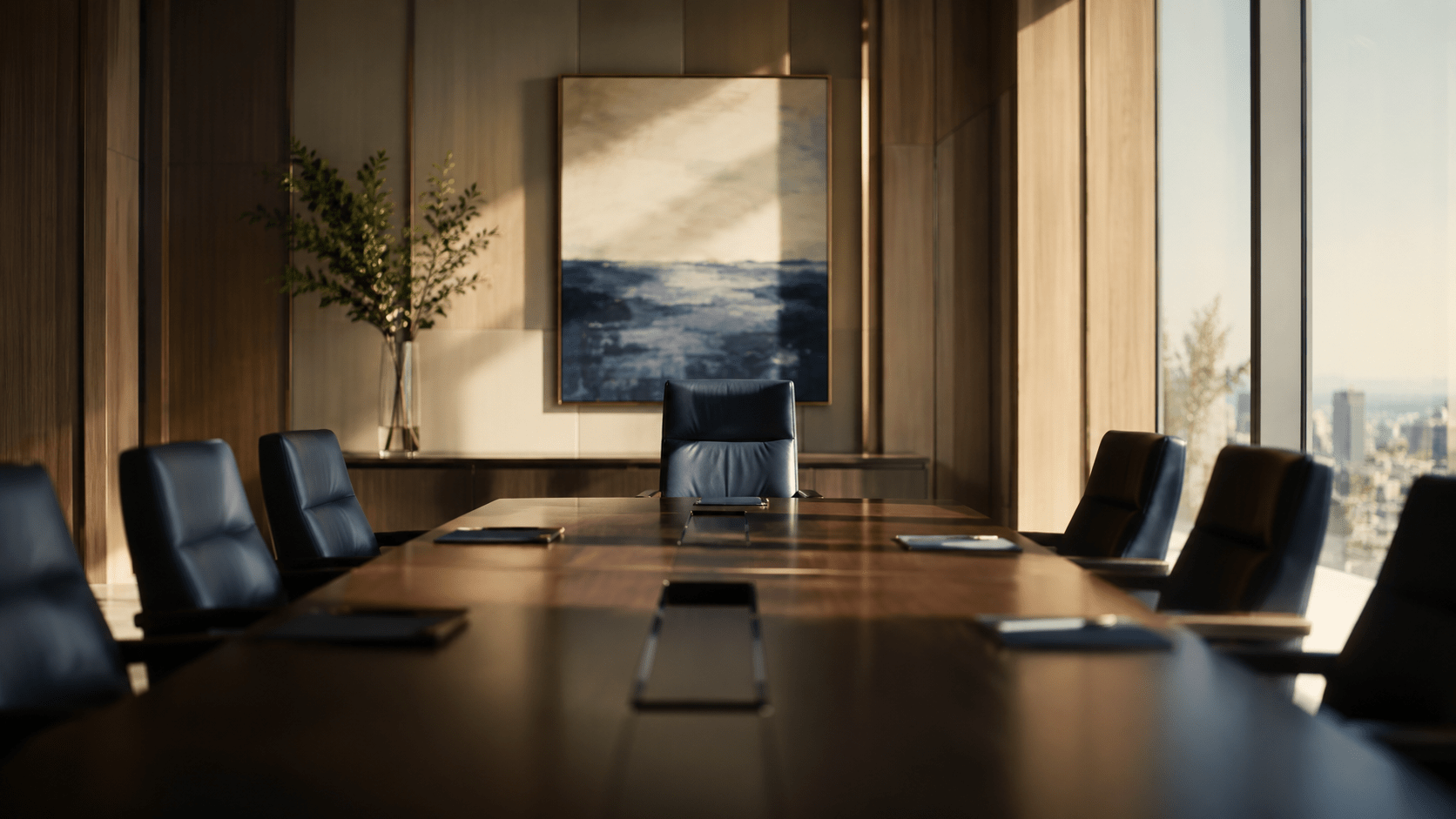 Empty leather chair at the head of a boardroom table, illustrating CFO due diligence and finance leadership assessment.