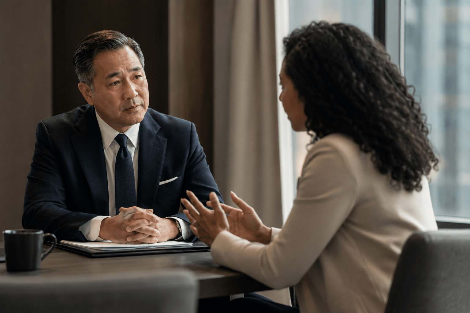 Photorealistic editorial image of a recruiter and senior finance executive in a thoughtful one-on-one meeting, captured in a modern office with premium, natural lighting.