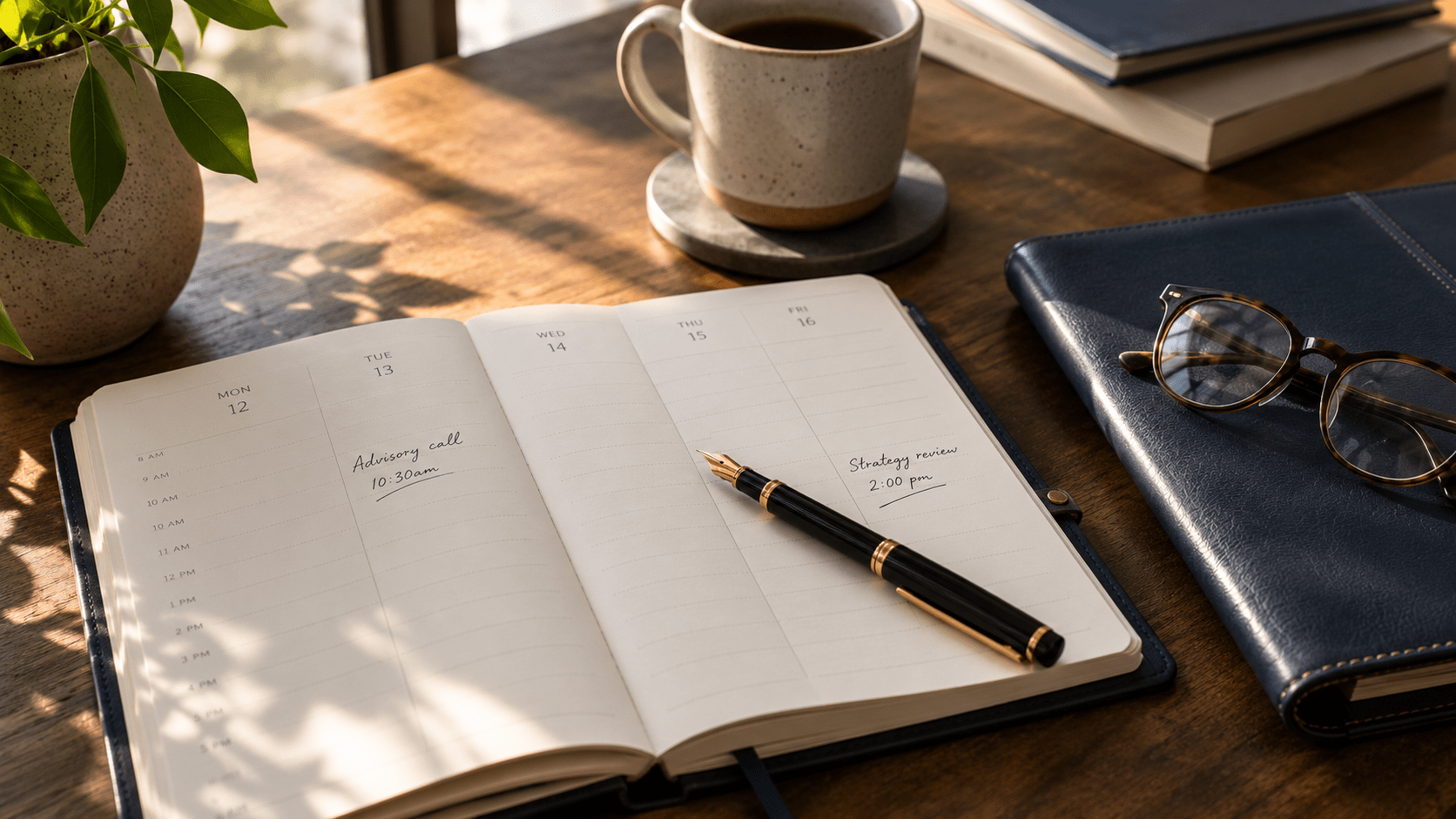 Weekly planner with only two days marked and a fountain pen resting across it, representing the part-time fractional CFO model