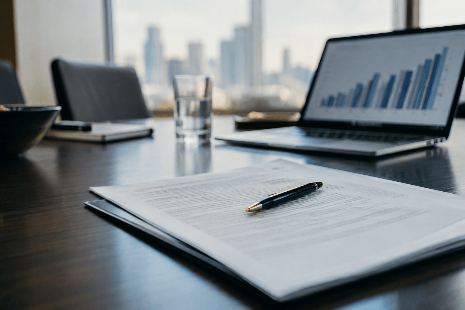 Printed term sheet and pen on a modern boardroom table with a laptop showing a blurred bar chart in the background
