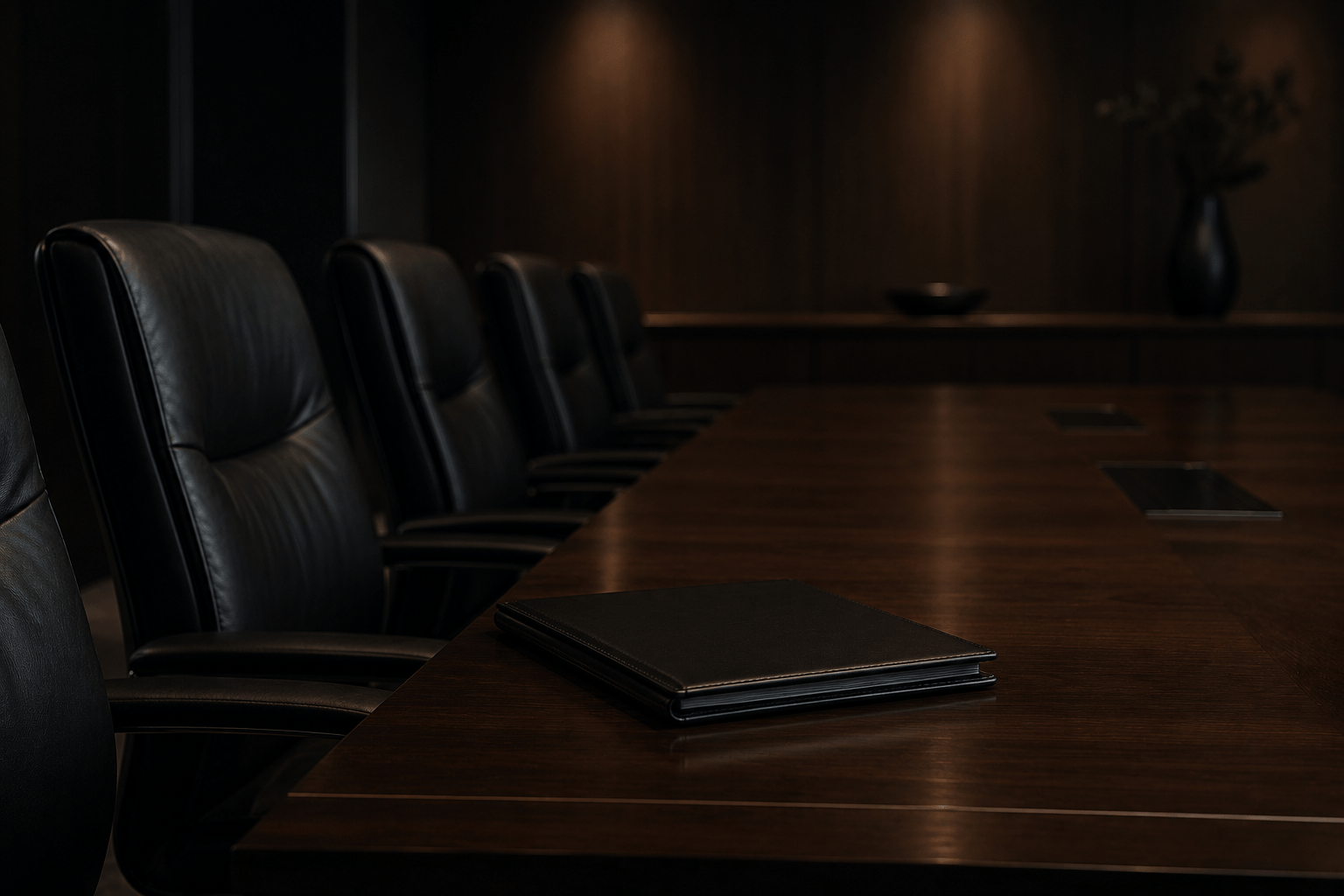 Empty executive boardroom with a closed leather portfolio resting at one seat before a leadership meeting.