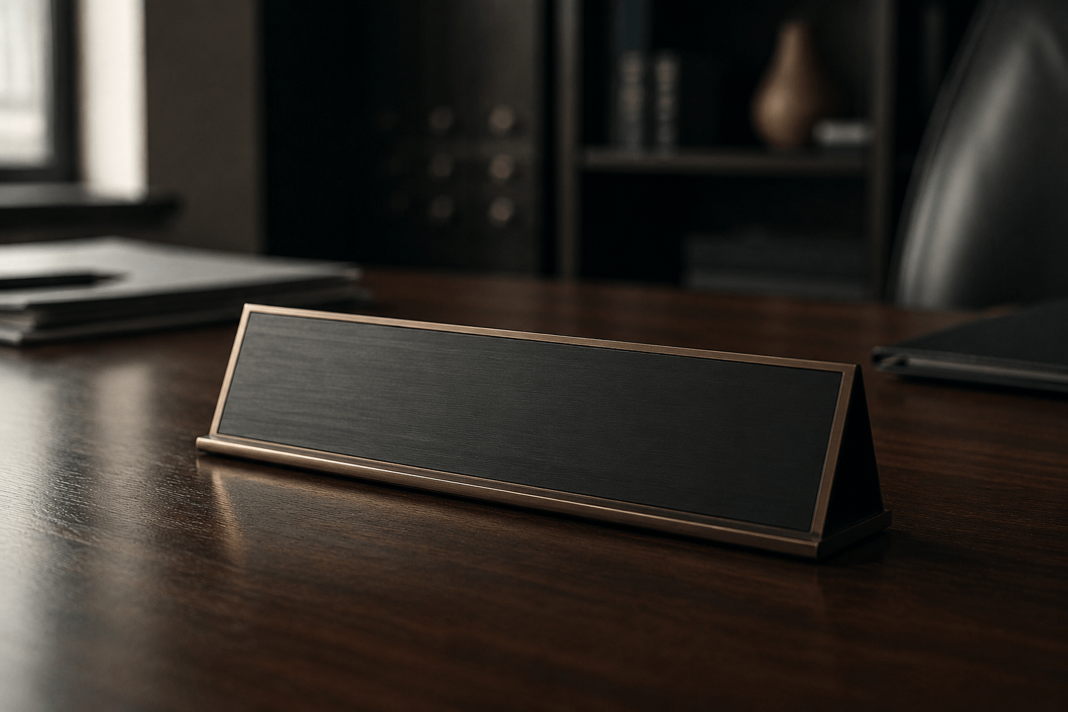 Blank office nameplate on an executive desk symbolizing a leadership role in transition.
