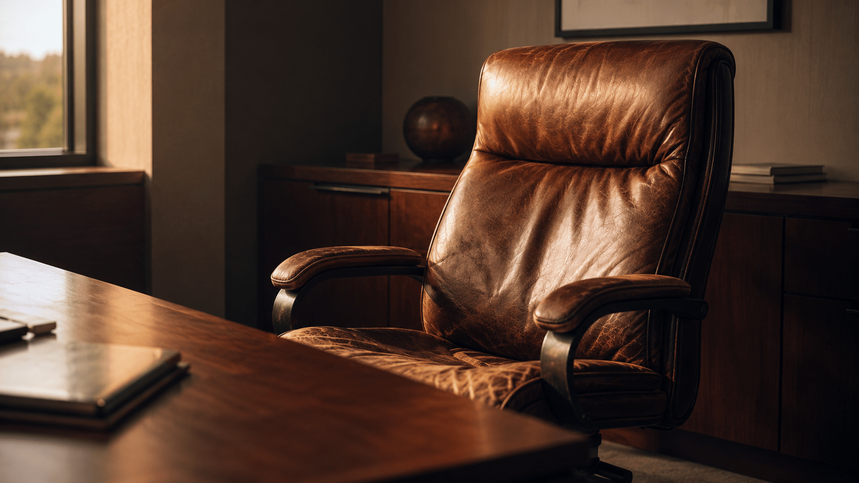 Worn cognac leather executive chair in a quiet corner office, with visible wear on the seat and armrests beside a walnut desk.