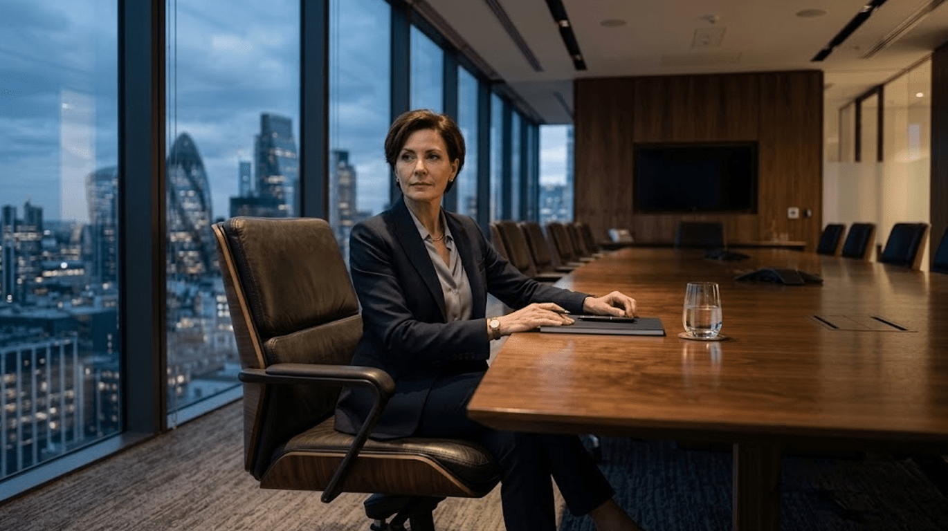 A woman in a dark business suit sits at the head of a long wooden conference table in a high-rise boardroom, one hand resting near a laptop. Floor-to-ceiling windows behind her look out over a dusky city skyline, with empty leather chairs lining the table and water glasses set nearby — a quiet, moody executive portrait with soft natural light and a shallow depth of field.