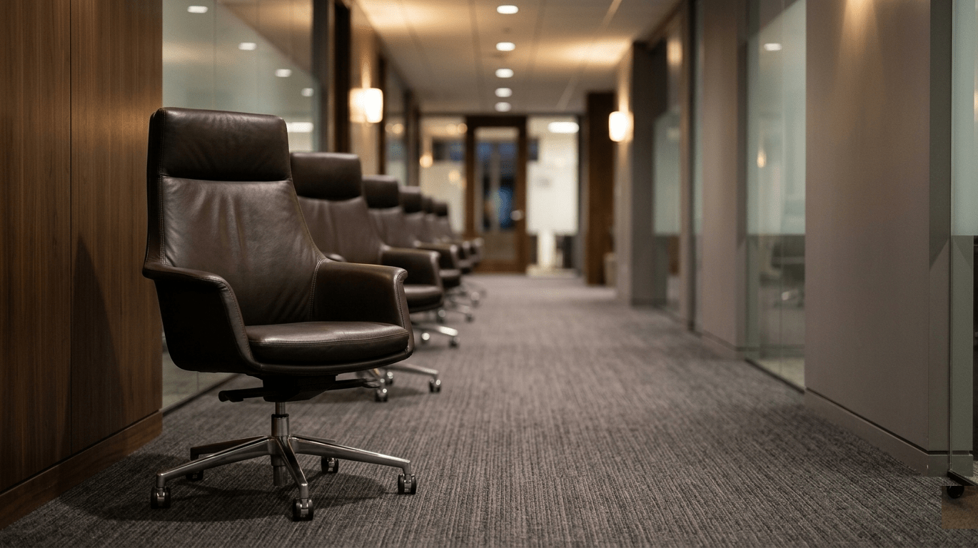 A row of empty leather executive chairs lines a modern office hallway, softly lit with a shallow depth of field — the nearest chair sharp and in focus, the rest fading into soft blur down the corridor. The scene is rendered in warm, muted corporate tones of dark leather, brushed wood, and neutral gray walls, styled like a high-end business publication photograph with no people, text, or logos visible.