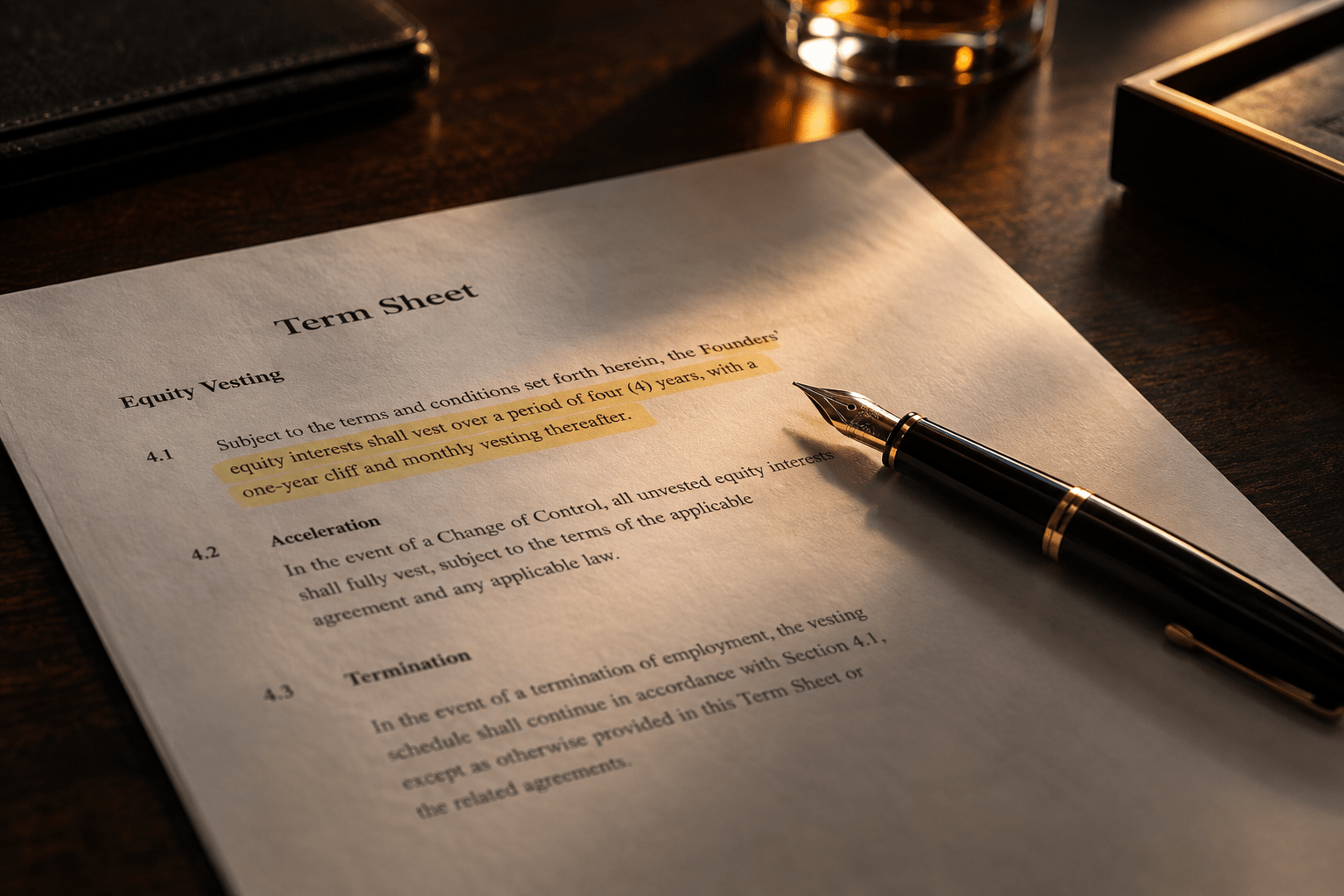 Close-up of a term sheet on a dark wood desk, with a fountain pen resting across a highlighted equity vesting clause. Warm, directional side lighting and shallow depth of field give it a moody, editorial finish in charcoal, wood-brown, and amber tones — styled like a Bloomberg or Fortune feature image, with no people, logos, or visible text overlays.