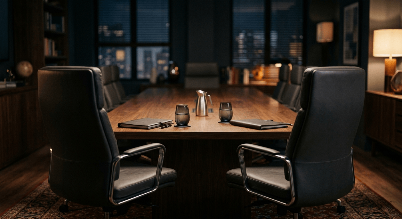 wo executive chairs sit close together at the head of a boardroom table, angled slightly toward each other as if caught mid-conversation. Warm, low directional light and a shallow depth of field give the scene a quiet intimacy, rendered in a muted palette of charcoal, walnut, and deep amber. With no people or text visible.