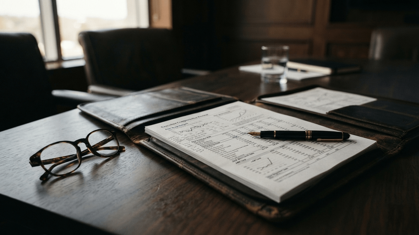 A weathered leather portfolio lies open on a dark wood boardroom table, a fountain pen resting across a page of financial figures with reading glasses nearby. Soft, warm side lighting and deep shadows create a shallow depth of field, rendered in dark browns, charcoal, and amber tones — a moody, photorealistic still life shot like a high-end business magazine editorial, with no people or faces visible.