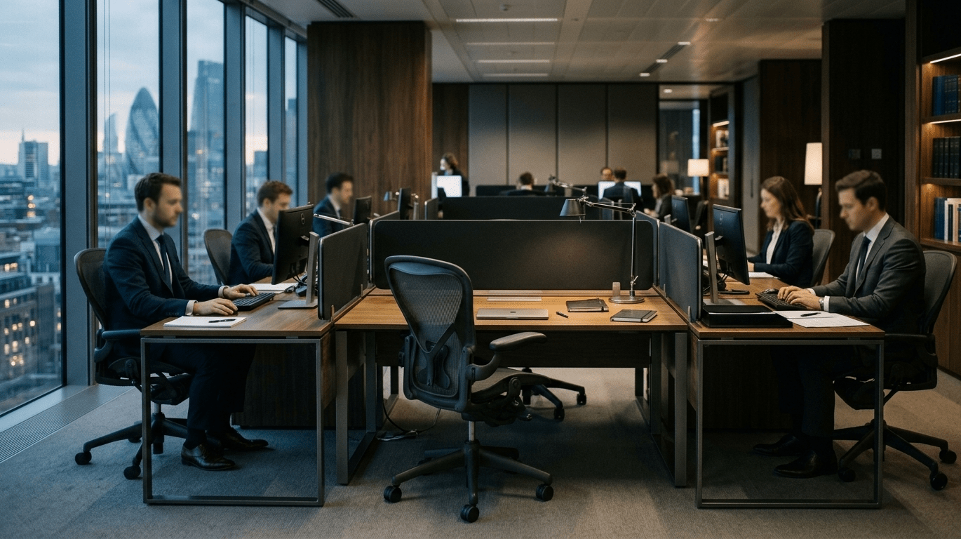 A row of desks in a finance department, one chair empty and pulled slightly out while the others are occupied by blurred, faceless figures at work. The scene has moody, directional window light and a shallow depth of field, rendered in muted charcoal, camel, and navy tones — a quiet, understated corporate editorial photograph with no visible text or logos.