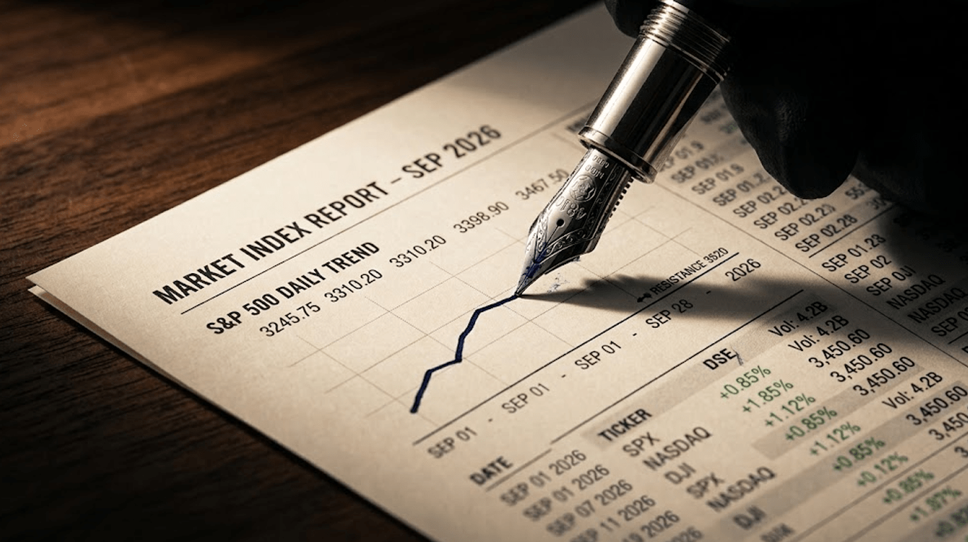 A close-up of a hand holding a fountain pen over a printed market index report, with a line chart tracking an upward stock trend and rows of financial figures on the page. The image has a warm, sepia-toned, slightly vintage look with a shallow depth of field, blurring the background into soft bokeh.