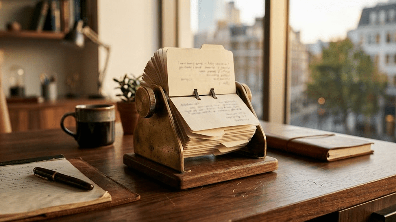 A vintage brass Rolodex on a walnut executive desk, its cards visibly worn and thumbed from years of handling. Warm, late-afternoon window light and a shallow depth of field give the shot a quiet, editorial feel, rendered in muted cognac and brass tones — photorealistic, understated, and corporate, with no people or visible text.