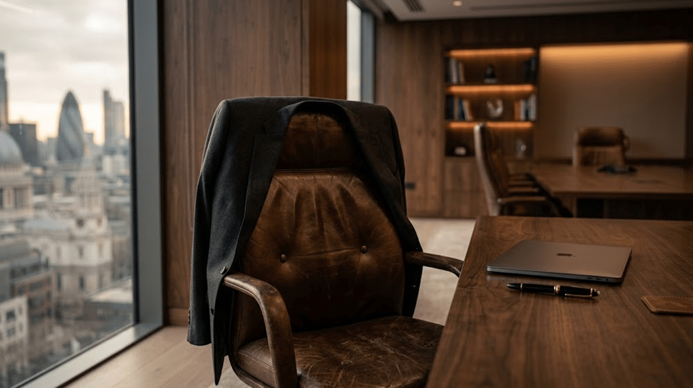 A well-worn leather executive chair sits pushed in at a wooden desk, a suit jacket draped over its back as if the occupant just stepped away — a closed laptop and pen left nearby. Warm, directional window light falls across the scene in deep browns, muted gold, and soft charcoal, with a shallow depth of field lending it a quiet, understated mood in a landscape, high-end editorial business-photography style — no people, text, or logos.