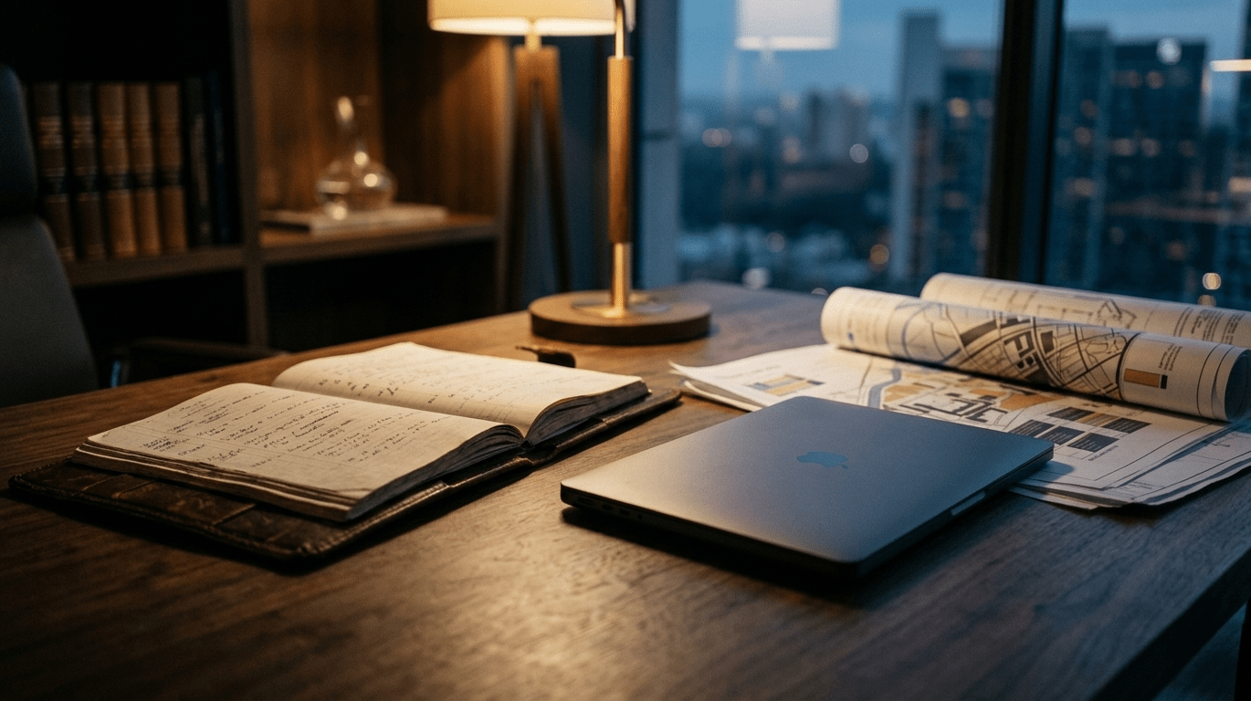 A worn leather-bound ledger sits open beside a sleek closed laptop on a modern executive desk, with a stack of blueprints or organizational charts partially rolled next to them — suggesting a workspace mid-transition. Warm, low directional light and a shallow depth of field give the scene a cinematic, moody feel, rendered in deep browns, charcoal, and amber tones in a high-end corporate editorial style,