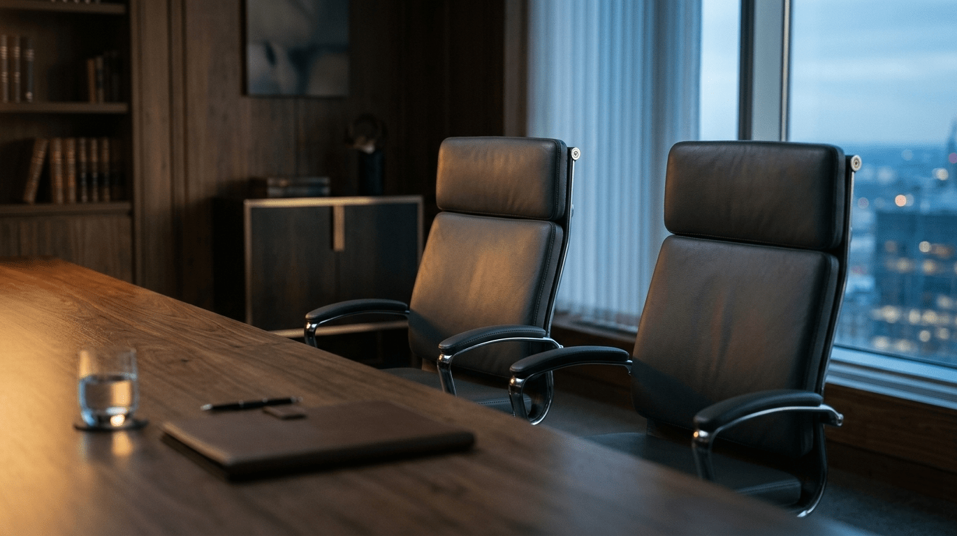 Two identical dark leather executive chairs sit side by side at a long boardroom table, photographed at a slight angle with a shallow depth of field. One side of the frame is bathed in warm, golden light while the other falls into cooler, blue-toned light, creating a subtle visual split between the two chairs. The image has a muted, moody corporate palette.