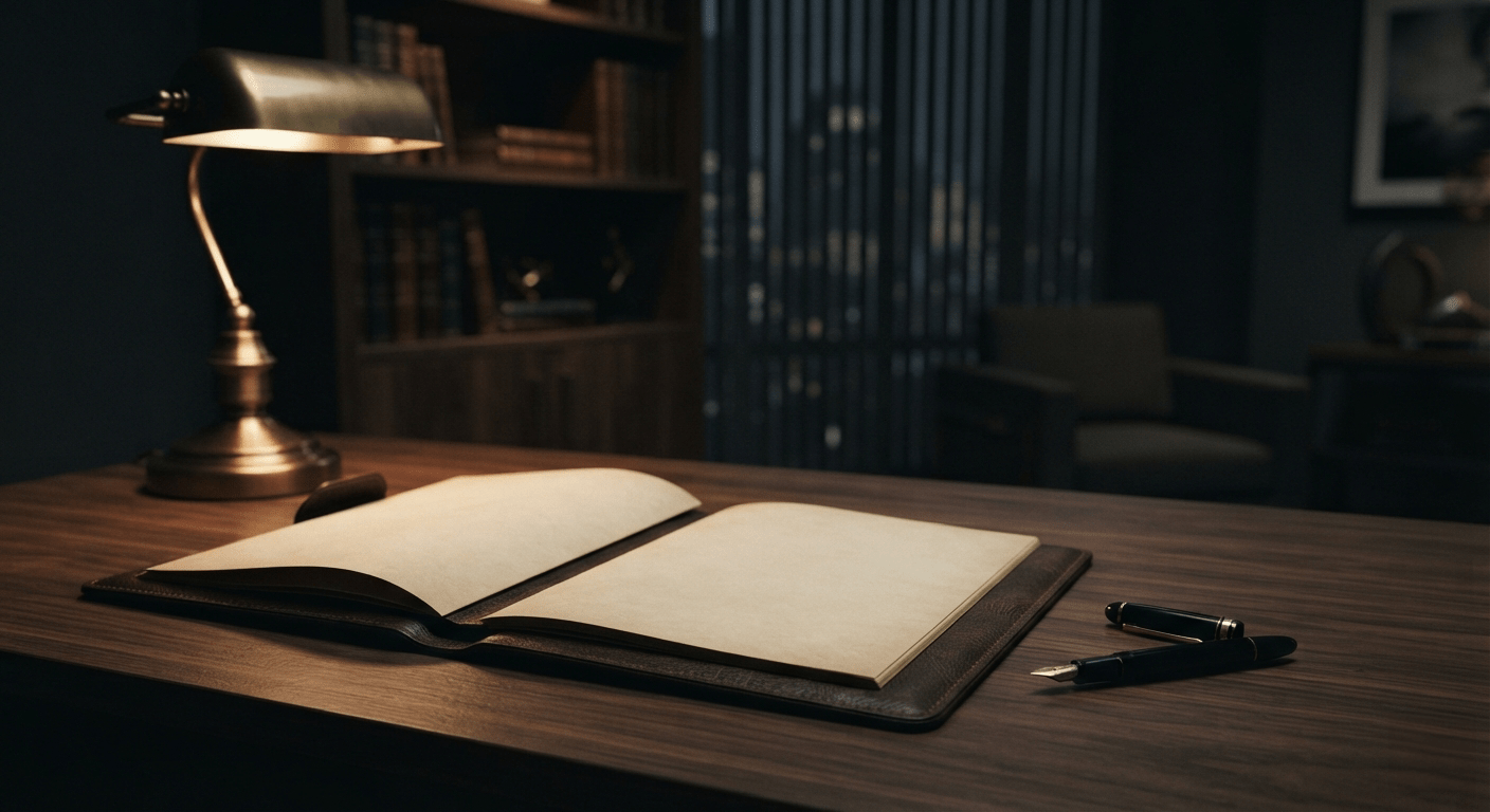 An open leather-bound dossier lies on a dark wood desk beside a fountain pen, its blank pages catching low, warm light from a desk lamp. The background falls into soft blur, with faint hints of a bookshelf or window blinds, and a shallow depth of field lends the scene a cinematic, moody feel — dim, quiet, and understated in tone.