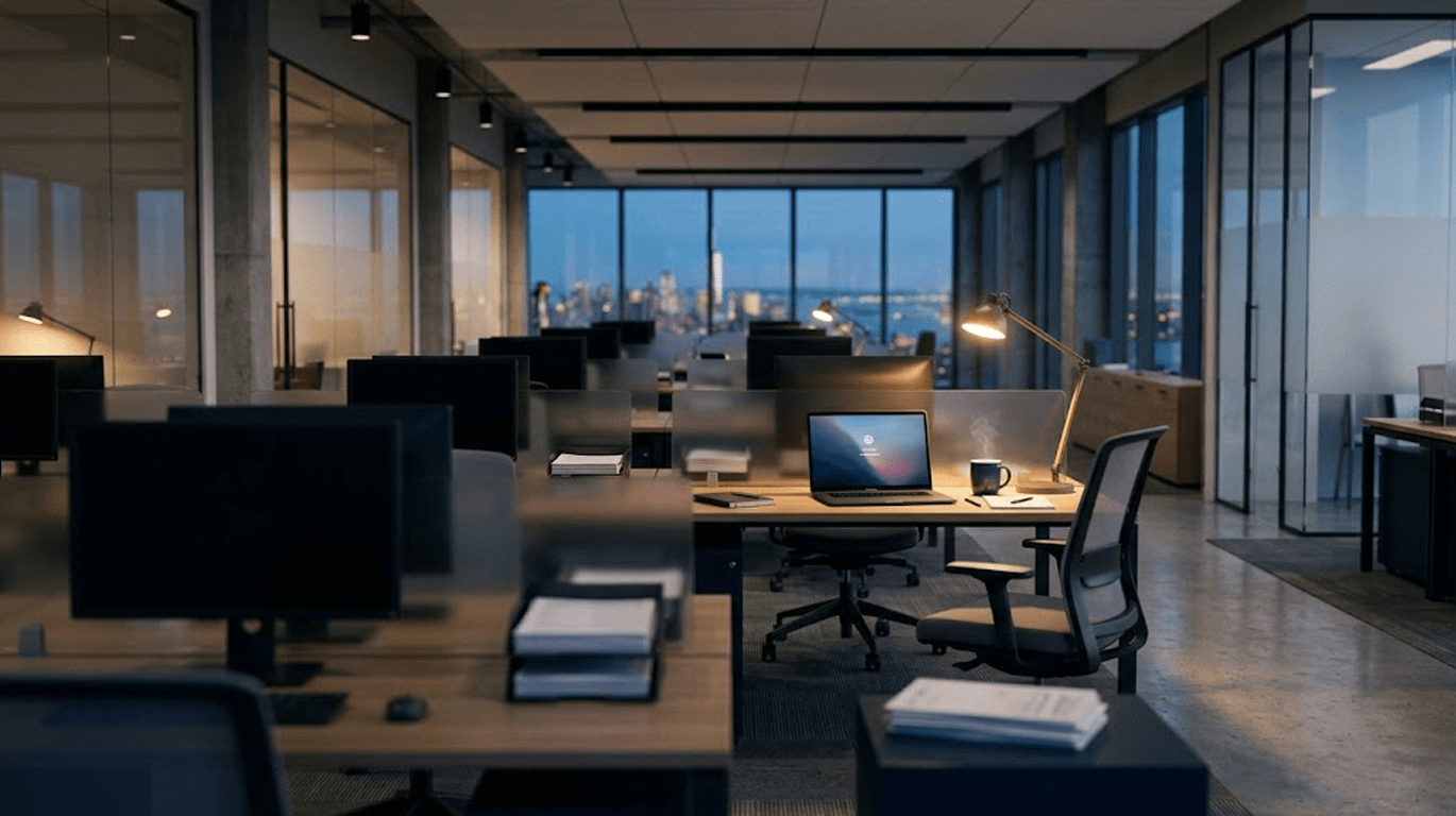 An empty modern finance office at dusk, with several unoccupied desks and monitors softly blurred in the foreground and one crisply lit desk in the mid-ground holding an open laptop and a coffee cup, hinting at a team still being built out. Muted navy, charcoal, and warm amber tones and a shallow depth of field give it a quiet, slightly aspirational mood — photorealistic, shot on a full-frame 35mm lens, landscape orientation, with no people, text, or logos.